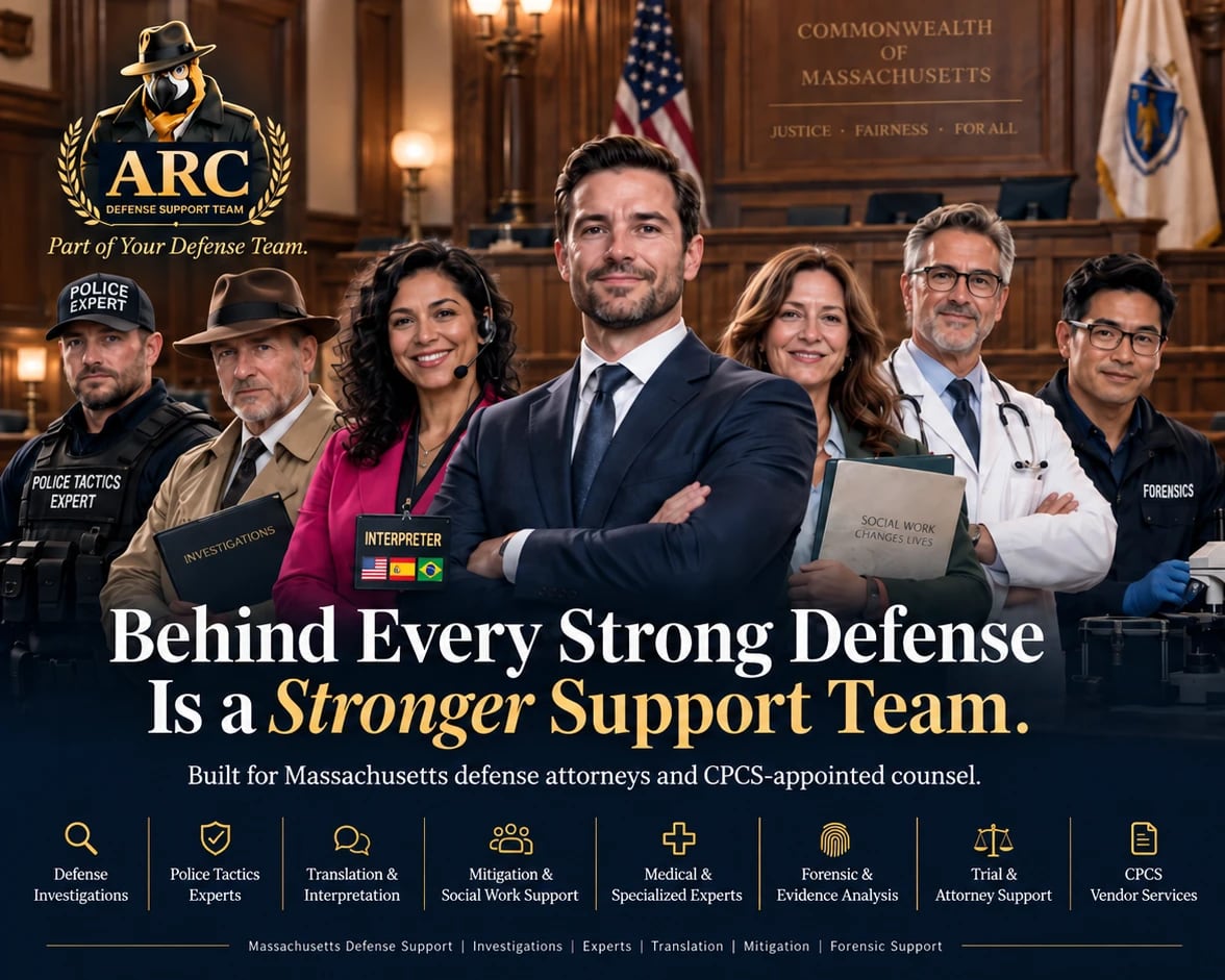 ARC defense support team in a Massachusetts courtroom, including a defense attorney, police tactics expert, investigator, interpreter, social worker, medical expert, and forensic specialist.
